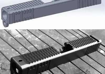 A two-panel image showing a handgun slide, from 3D design to the finished, black-coated, machined slide.