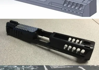 A three-panel image showing the gunsmithing process for a handgun slide: a 3D CAD model, a machined black slide, and a gold finished slide with custom engraving.