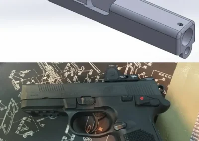Handgun slide customized for optic mounting, CAD to finished.